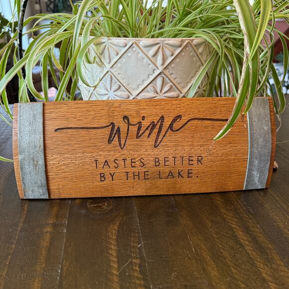 Wine Barrel Stave Wall Art Decor "Wine Tastes Better By The Lake" 15" Rustic - Picture 3 of 12
